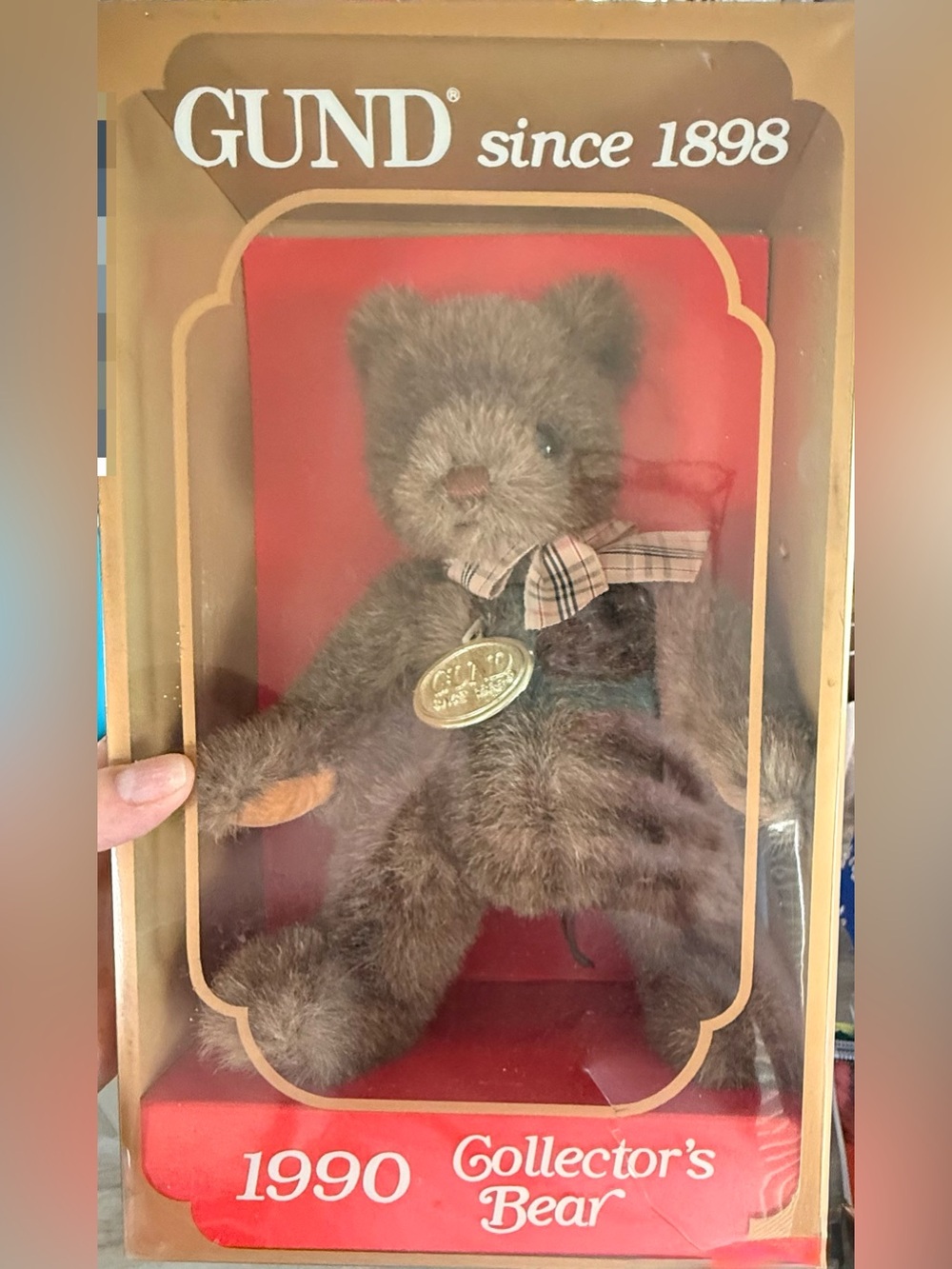 GUND Brown Plush 1990 Collector's Bear with Ribbon and Medallion